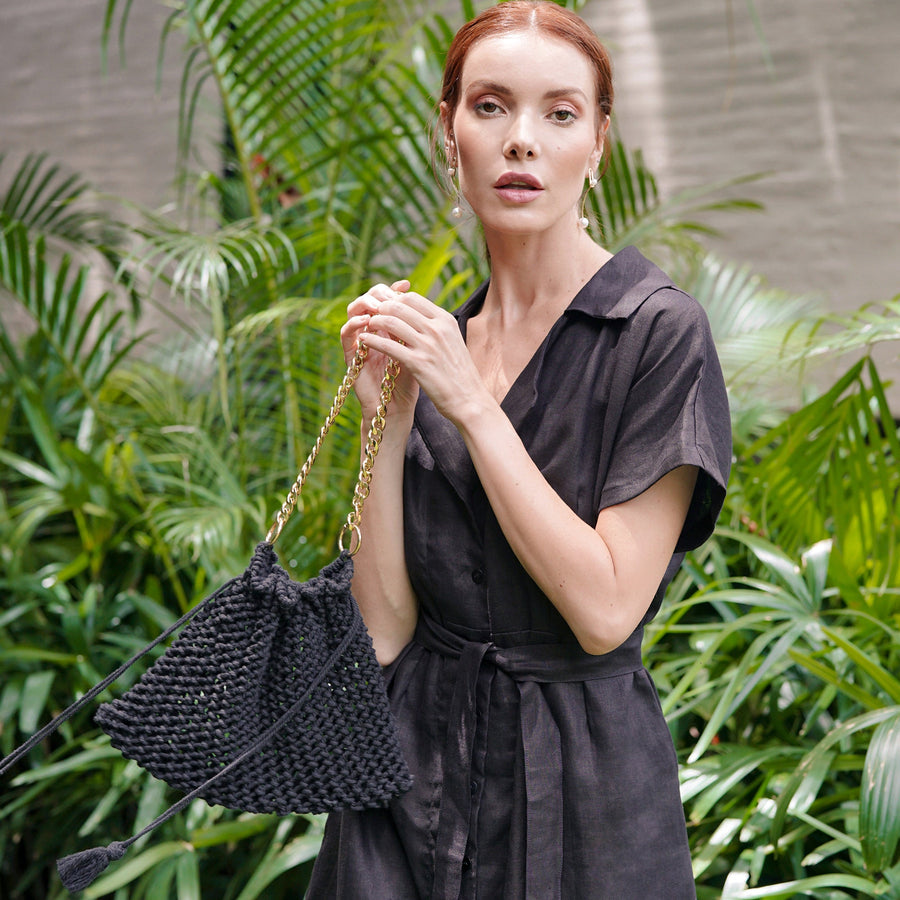 LYON Macrame Tote Bag In Black