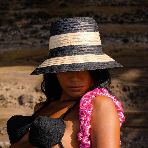 NONA Striped Bucket Palm Straw Hat In Black and Natural