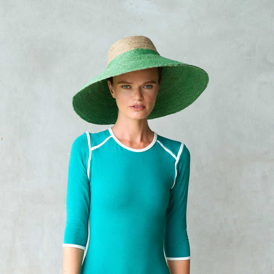 RIRI Duo Jute Handwoven Straw Hat In Natural & Kelly Green