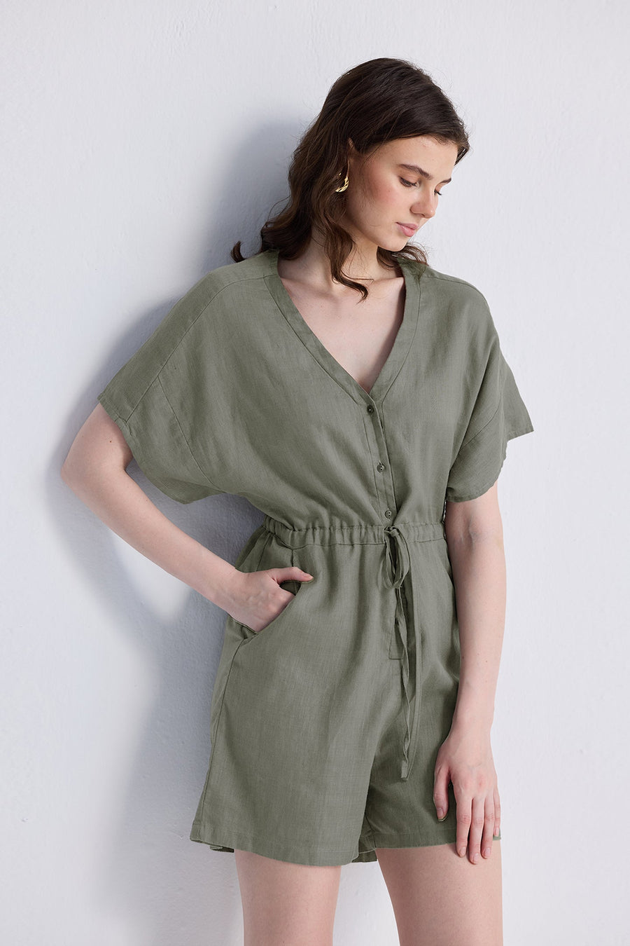 V neck Drawstring Romper in Dark Green