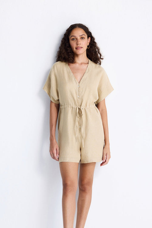 V neck Drawstring Romper in Neutral Beige