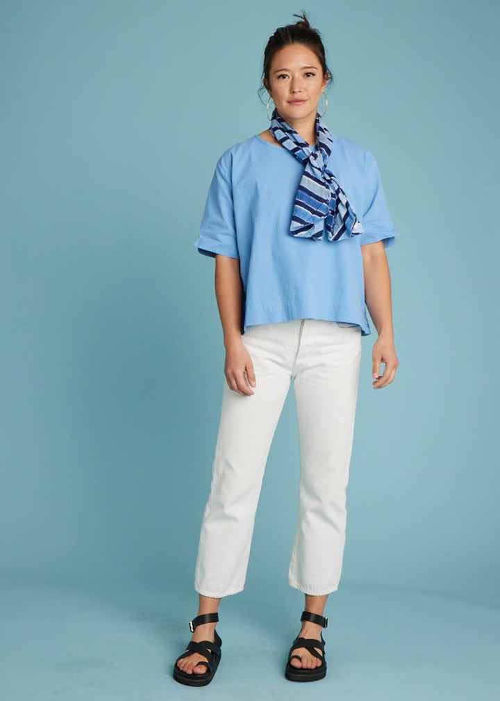 Mare Boxy Cropped Shirt - Linen Coastal Blue