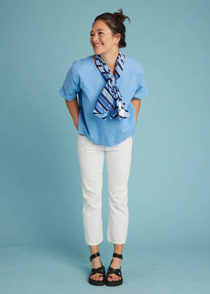 Mare Boxy Cropped Shirt - Linen Coastal Blue