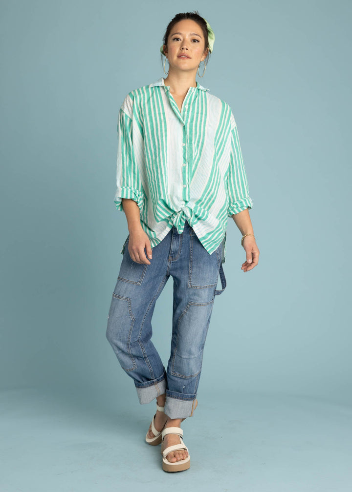 Relaxed Boyfriend Shirt - Mixed Up Stripe Cerulean Seaglass