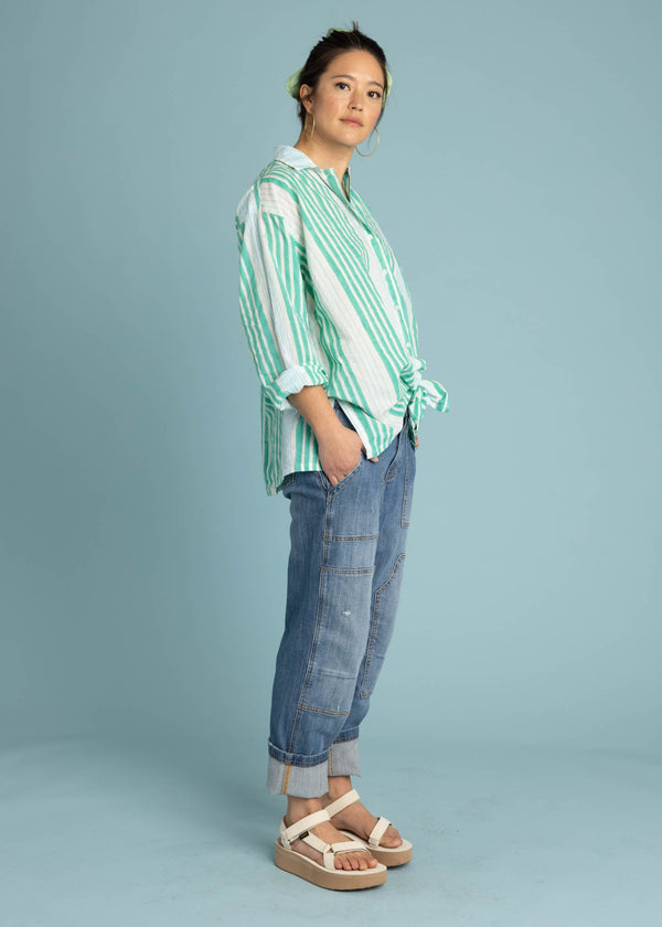 Relaxed Boyfriend Shirt - Mixed Up Stripe Cerulean Seaglass