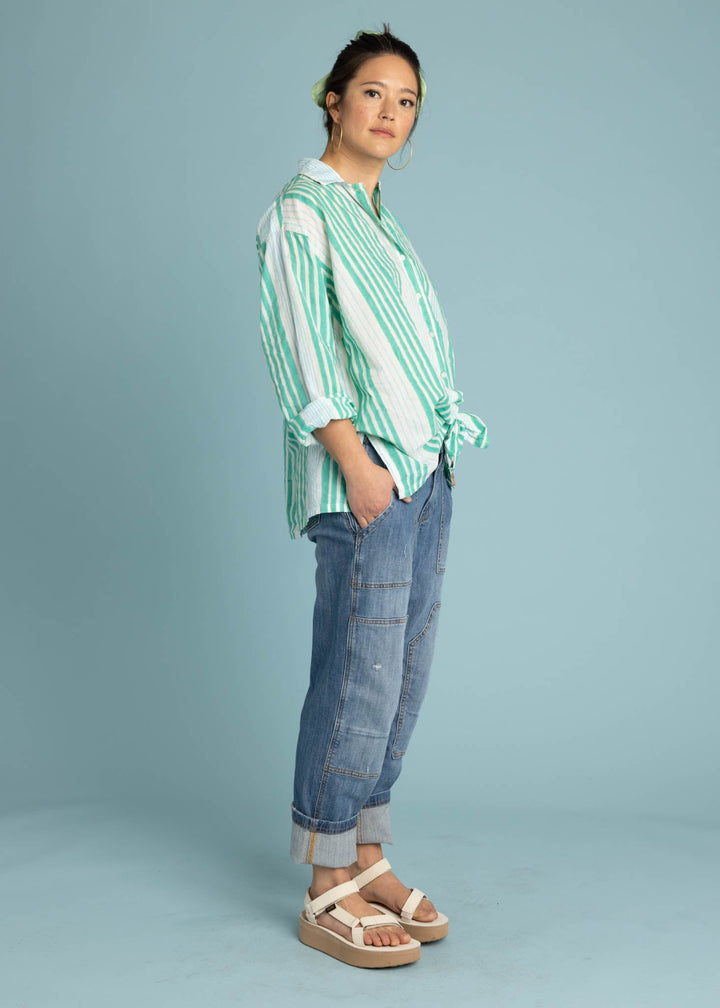 Relaxed Boyfriend Shirt - Mixed Up Stripe Cerulean Seaglass