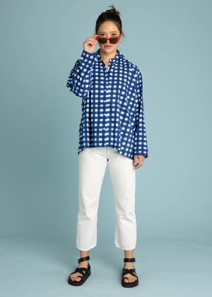 Relaxed Boyfriend Shirt - Gingham Picnic Coastal Blue