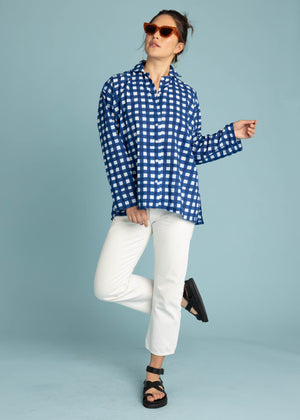 Relaxed Boyfriend Shirt - Gingham Picnic Coastal Blue