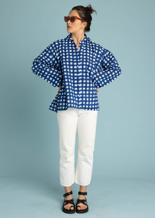 Relaxed Boyfriend Shirt - Gingham Picnic Coastal Blue