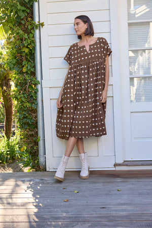 Meadow Dress - Ikat Squares Mocha