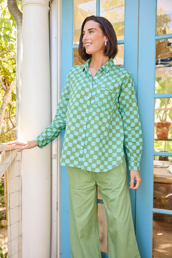 Good Boyfriend Shirt - Checkerboard Olive Oil with Glacier Blue Overdye