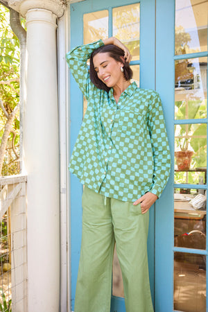 Good Boyfriend Shirt - Checkerboard Olive Oil with Glacier Blue Overdye