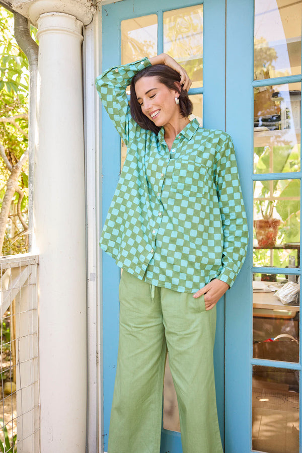 Good Boyfriend Shirt - Checkerboard Olive Oil with Glacier Blue Overdye