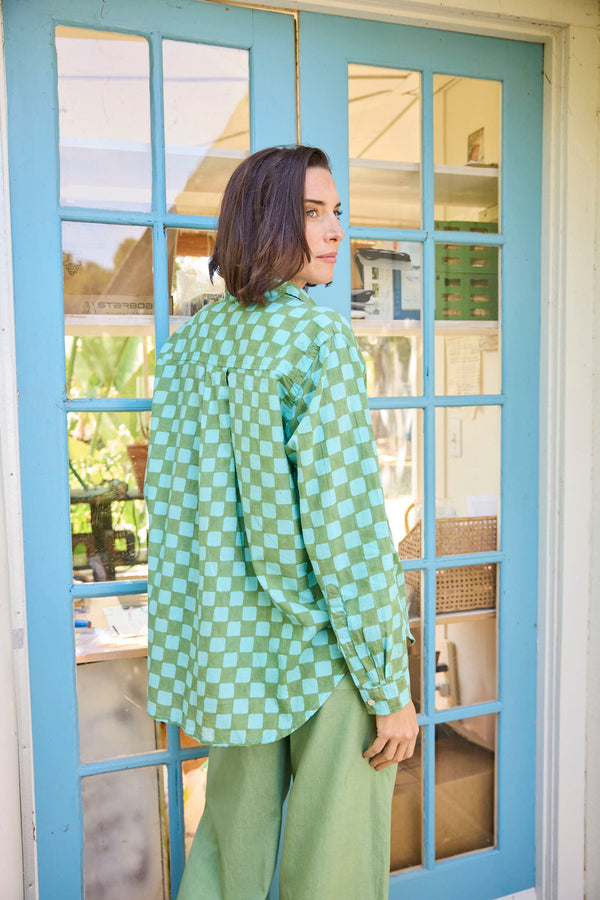 Good Boyfriend Shirt - Checkerboard Olive Oil with Glacier Blue Overdye