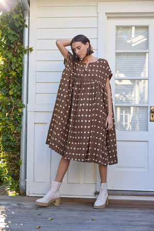 Meadow Dress - Ikat Squares Mocha