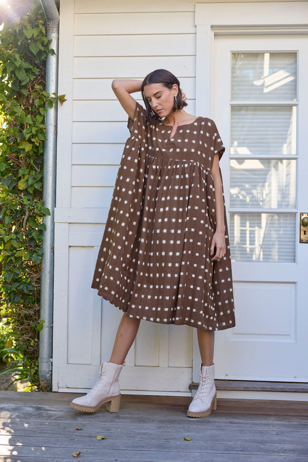 Meadow Dress - Ikat Squares Mocha
