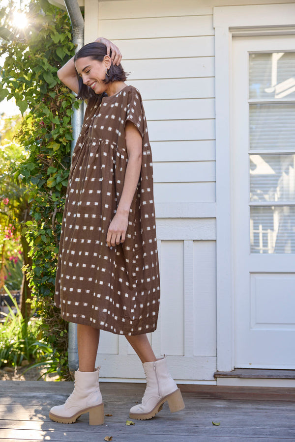 Meadow Dress - Ikat Squares Mocha