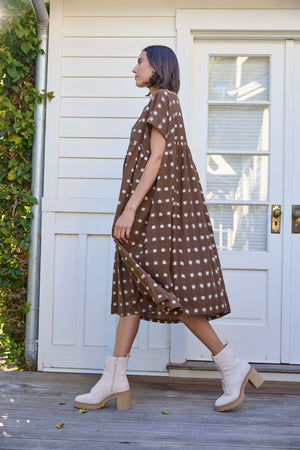 Meadow Dress - Ikat Squares Mocha
