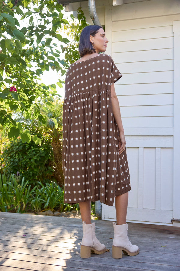 Meadow Dress - Ikat Squares Mocha