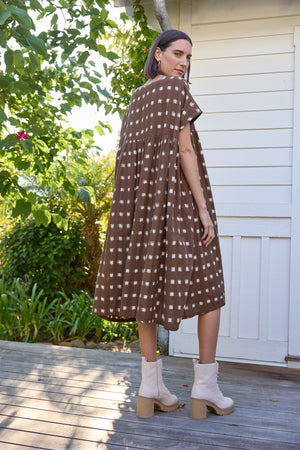 Meadow Dress - Ikat Squares Mocha