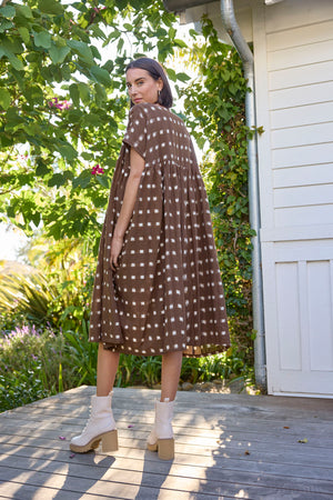 Meadow Dress - Ikat Squares Mocha