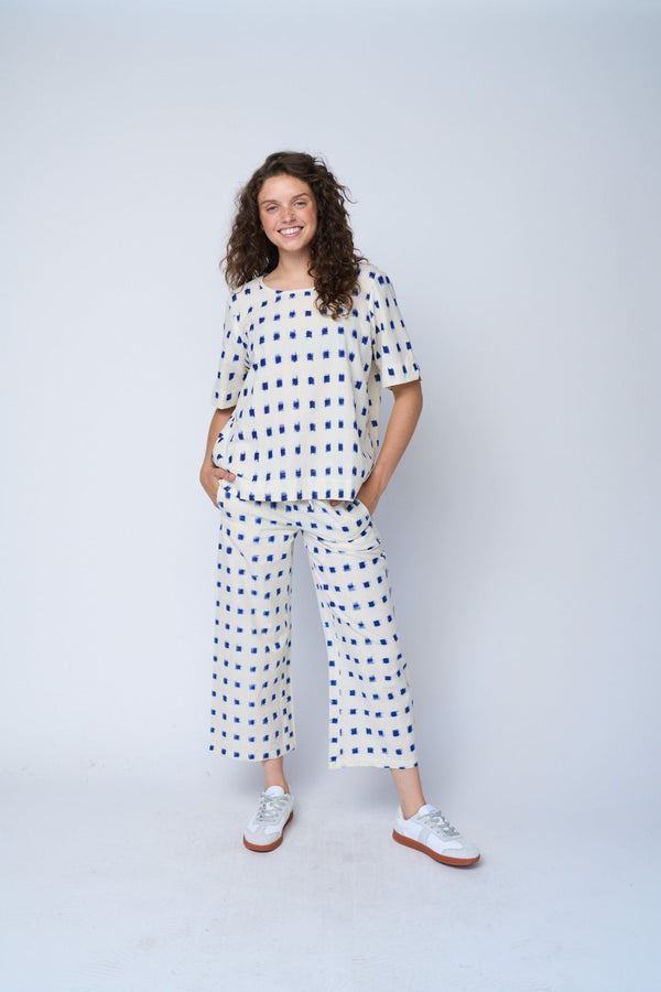 Mare Boxy Cropped Shirt Ikat Squares Natural Cobalt