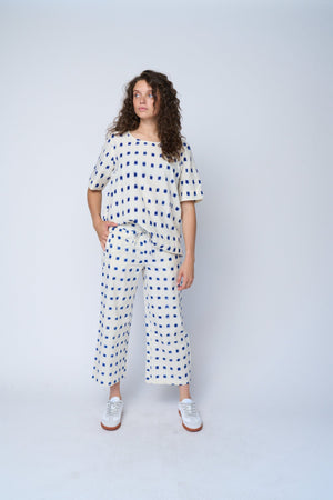 Mare Boxy Cropped Shirt Ikat Squares Natural Cobalt