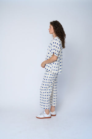Mare Boxy Cropped Shirt Ikat Squares Natural Cobalt
