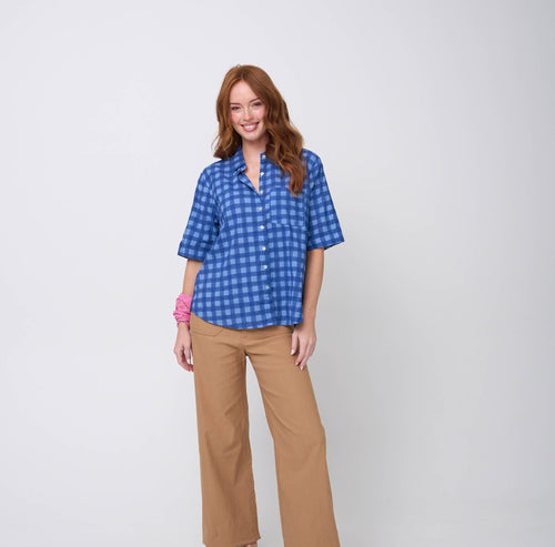 Good Boyfriend Short Sleeve Shirt - Gingham Picnic Overdye Cornflower Blue