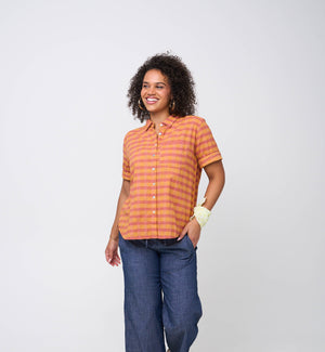 Good Boyfriend Short Sleeve Shirt - Gingham Picnic Overdye Fawn