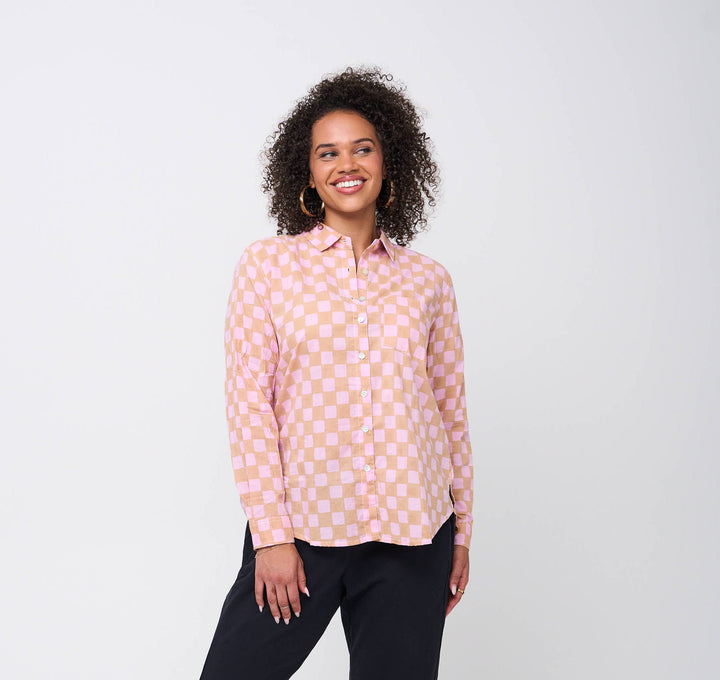 Good Boyfriend Shirt - Checkerboard Overdye Tickled Pink on Baked Clay