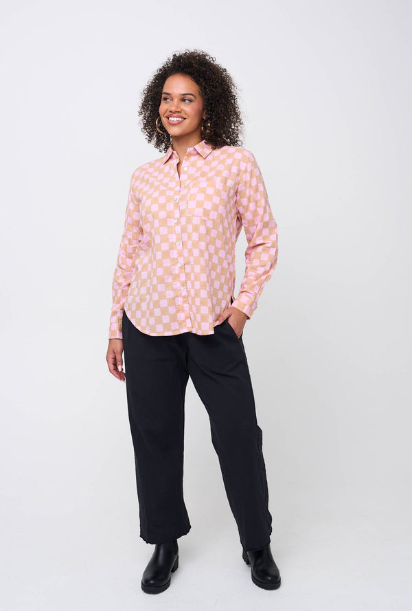 Good Boyfriend Shirt - Checkerboard Overdye Tickled Pink on Baked Clay