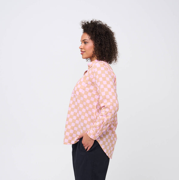 Good Boyfriend Shirt - Checkerboard Overdye Tickled Pink on Baked Clay