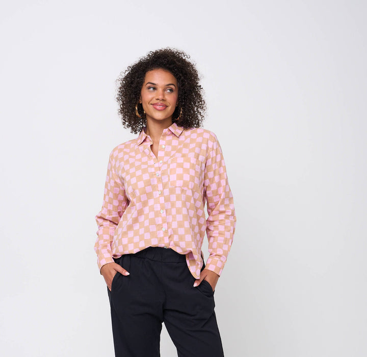 Good Boyfriend Shirt - Checkerboard Overdye Tickled Pink on Baked Clay