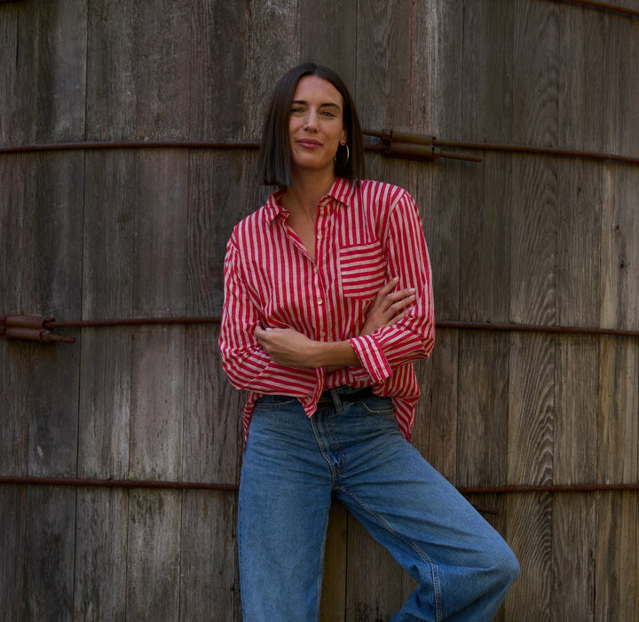 Good Boyfriend Shirt - Tuscan Stripe Cherry Red