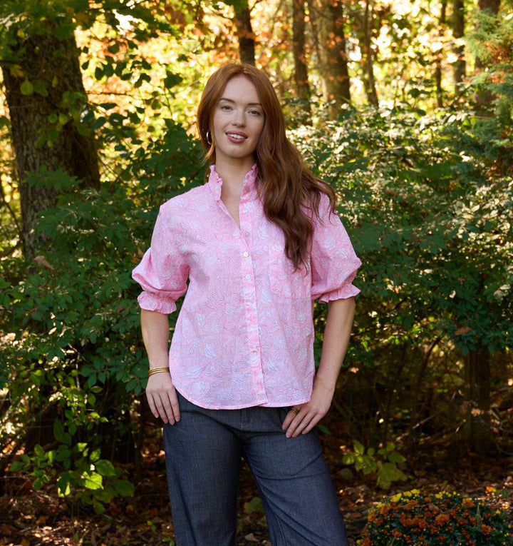 Good Girlfriend Shirt with Ruffle Trim Floral Escape Tickled Pink/Rose