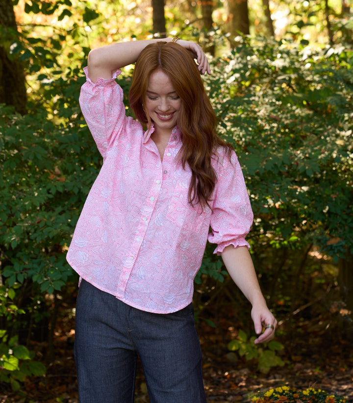 Good Girlfriend Shirt with Ruffle Trim Floral Escape Tickled Pink/Rose
