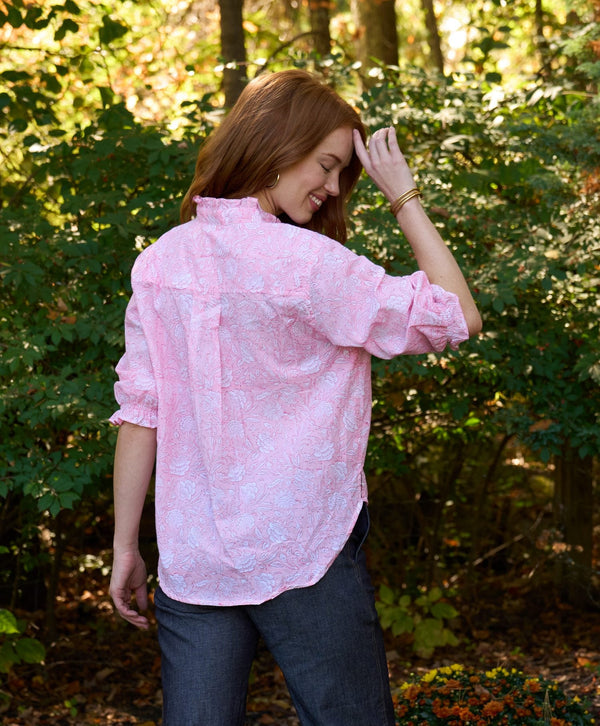 Good Girlfriend Shirt with Ruffle Trim Floral Escape Tickled Pink/Rose
