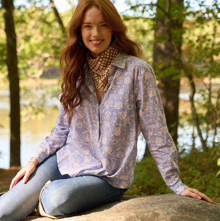 Good Boyfriend Shirt - Floral Escape Bluebird and Dove Grey