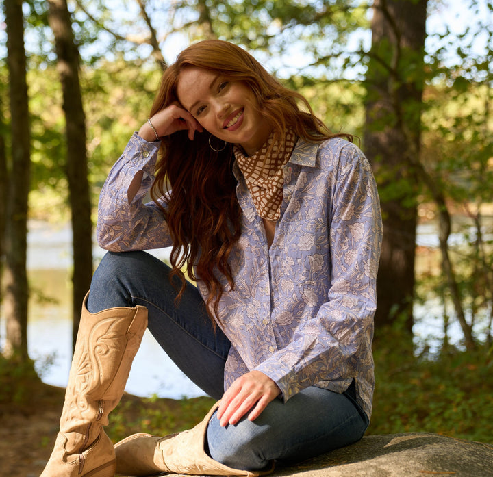 Good Boyfriend Shirt - Floral Escape Bluebird and Dove Grey