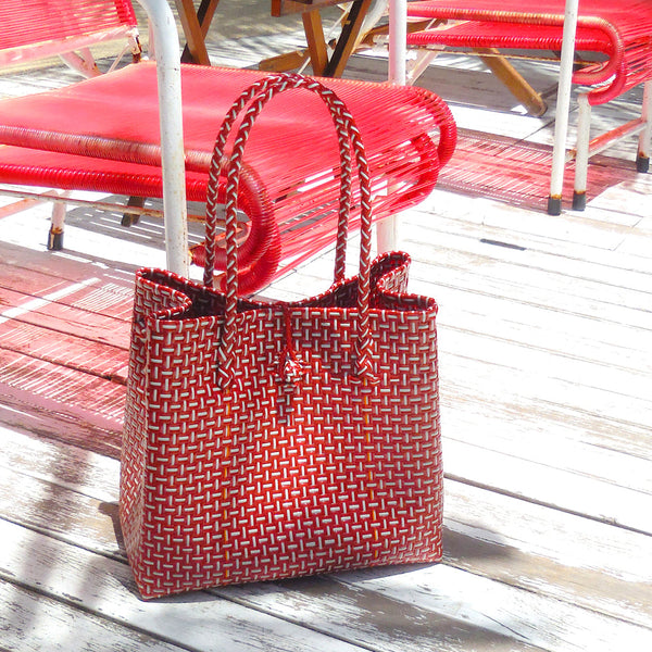 TOKO Recycled Woven Tote Bag, in Red & White