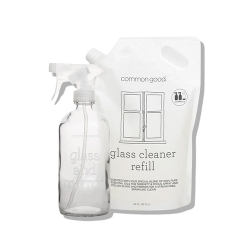 Glass Cleaner Refill Pouch and Glass Bottle Set