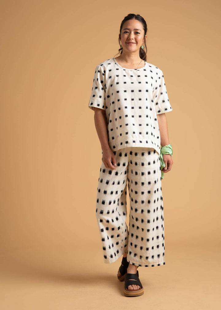 Mare Boxy Cropped Shirt Ikat Squares - Natural Black