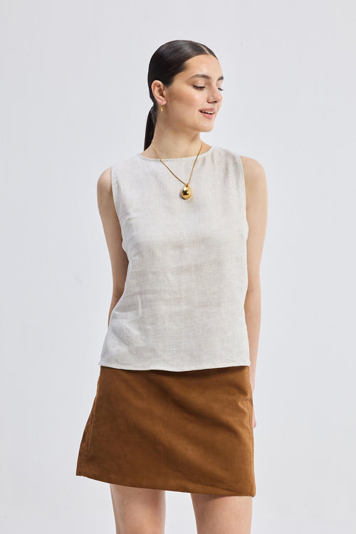 Boat Neck Top in Checkered Linen