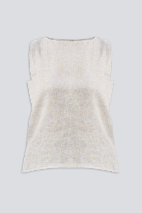 Boat Neck Top in Checkered Linen