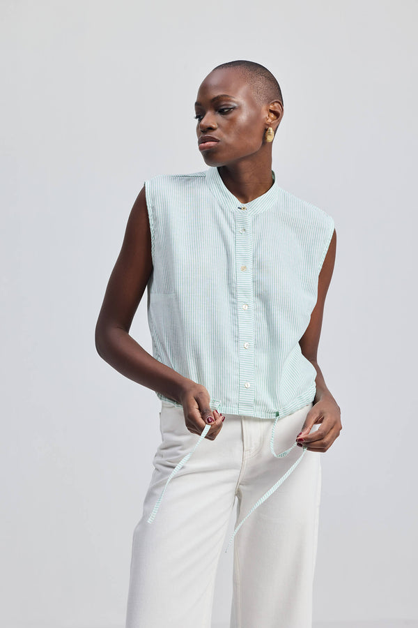 Button-down Shirt with Waist Drawstring in Stripes