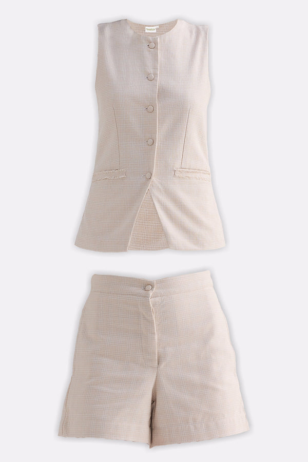 Cotton Tweed Vest Jacket Set in Cream