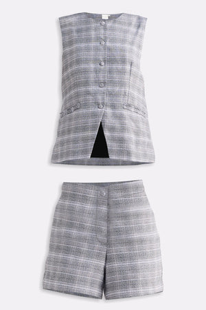 Cotton Tweed Vest Jacket Set in Grey
