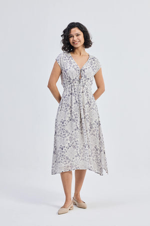 Deep V-neck Gathered Dress in Florals