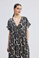 Deep V-neck Maxi Dress with Front Gathers in Black Florals